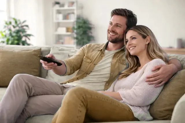 A family watching AurexTV on the living-room television
