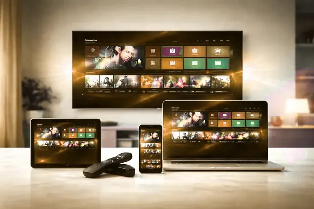 AurexTV streaming on a smart TV, tablet, laptop and phone at once