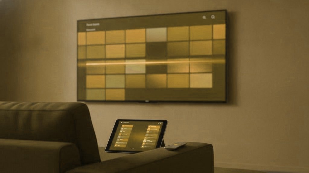 A TV programme guide with a phone and tablet showing channel lists in IPTV player apps