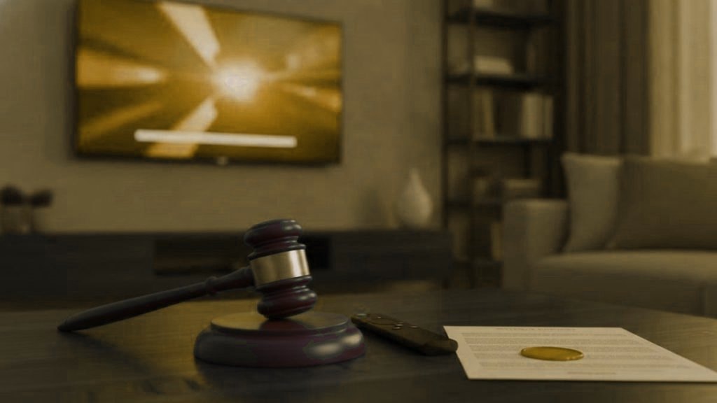 A gavel, a streaming remote and a document, illustrating IPTV legality across the US, UK, Canada and Australia