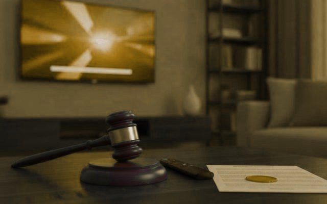 A gavel, a streaming remote and a document, illustrating IPTV legality across the US, UK, Canada and Australia