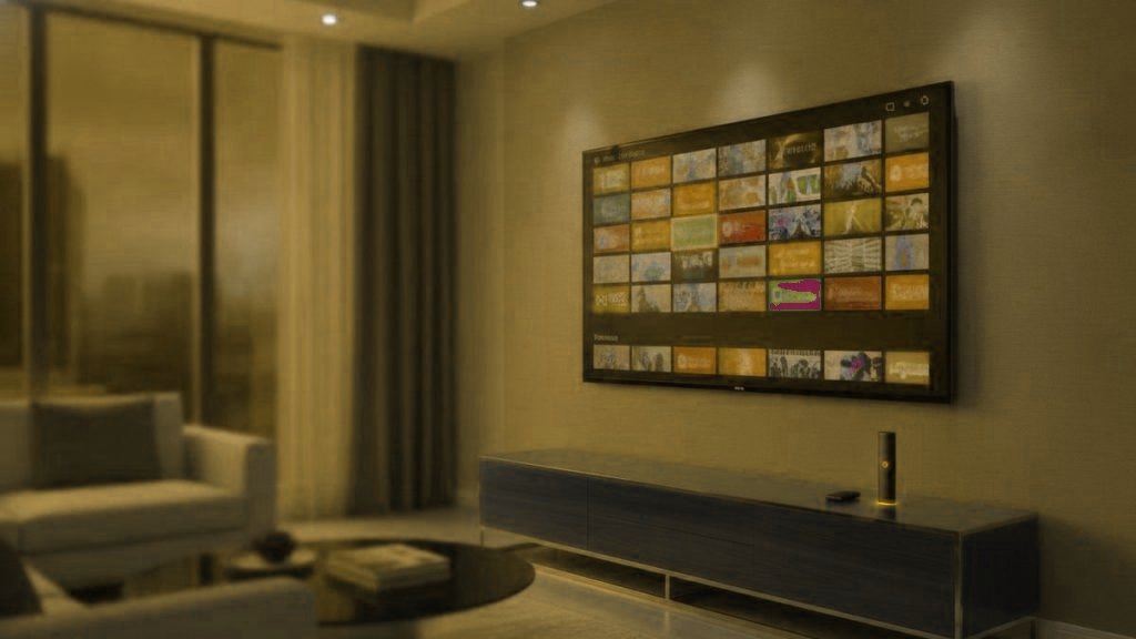 IPTV channel guide on a living-room TV with a streaming stick, illustrating how internet TV works
