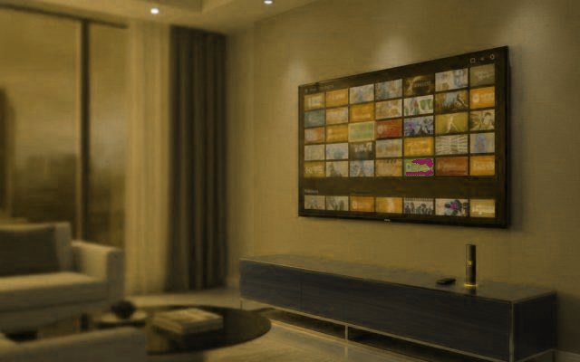 IPTV channel guide on a living-room TV with a streaming stick, illustrating how internet TV works